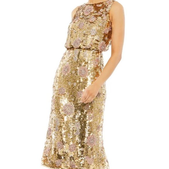 Mac Duggal Gold Amethyst Bead & Sequin Sleeveless Cocktail Dress